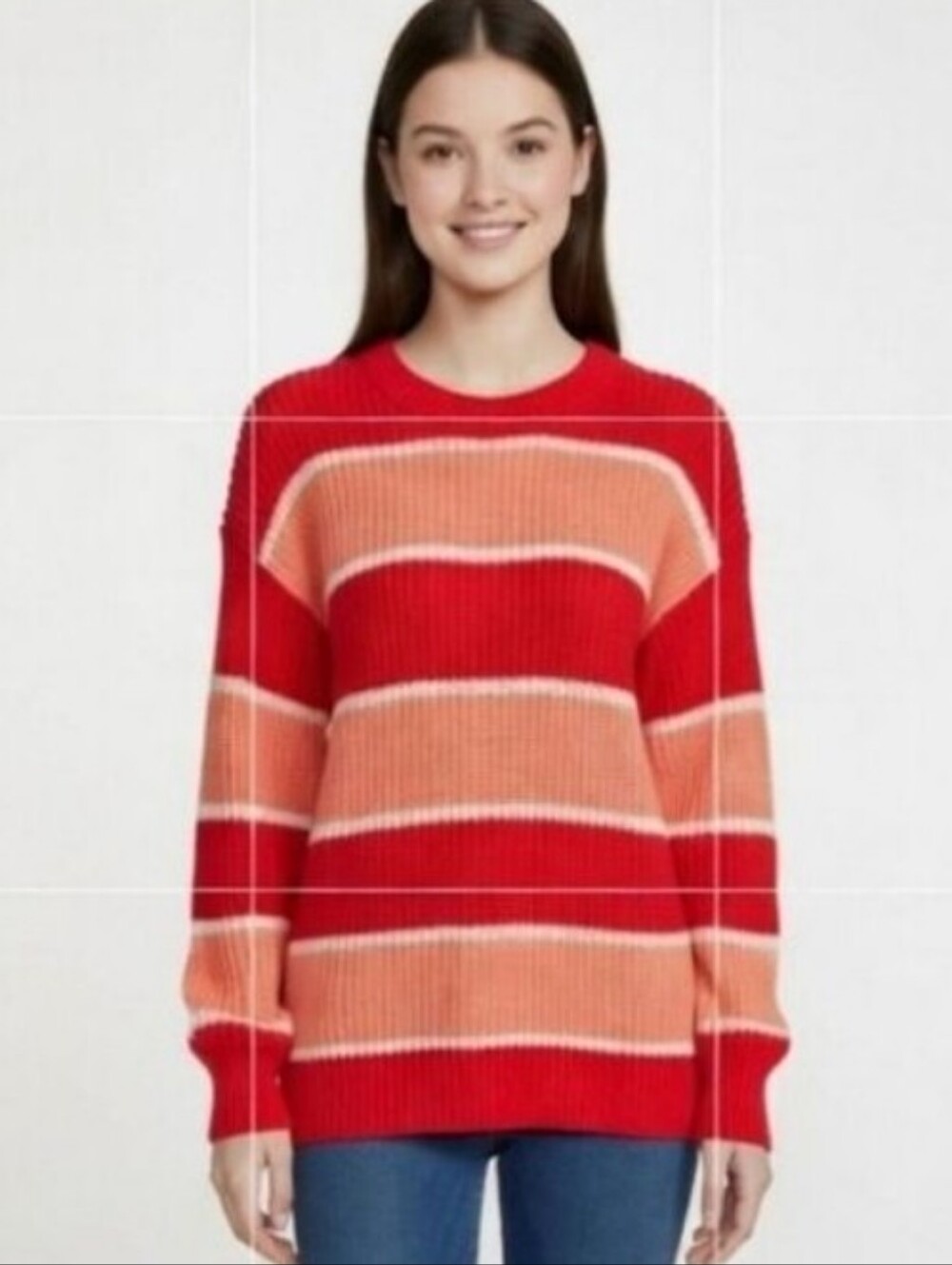 Wythe NY Wide Striped Orange Coral Crew Neck Chunky Cozy Sweater Sz Medium